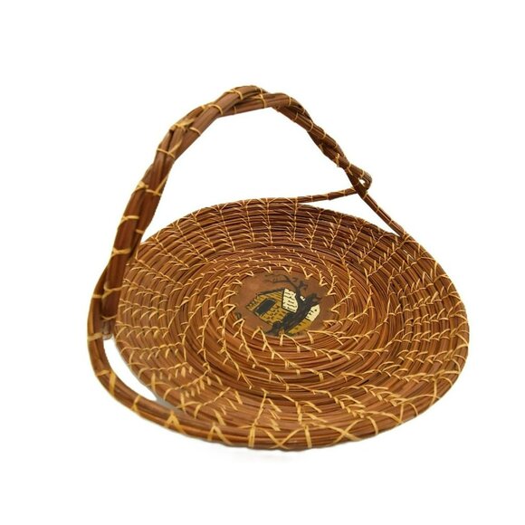 VTG Handcrafted Coiled Pine Needle Basket With Twisted Handles & Hand Painted - Picture 2 of 13